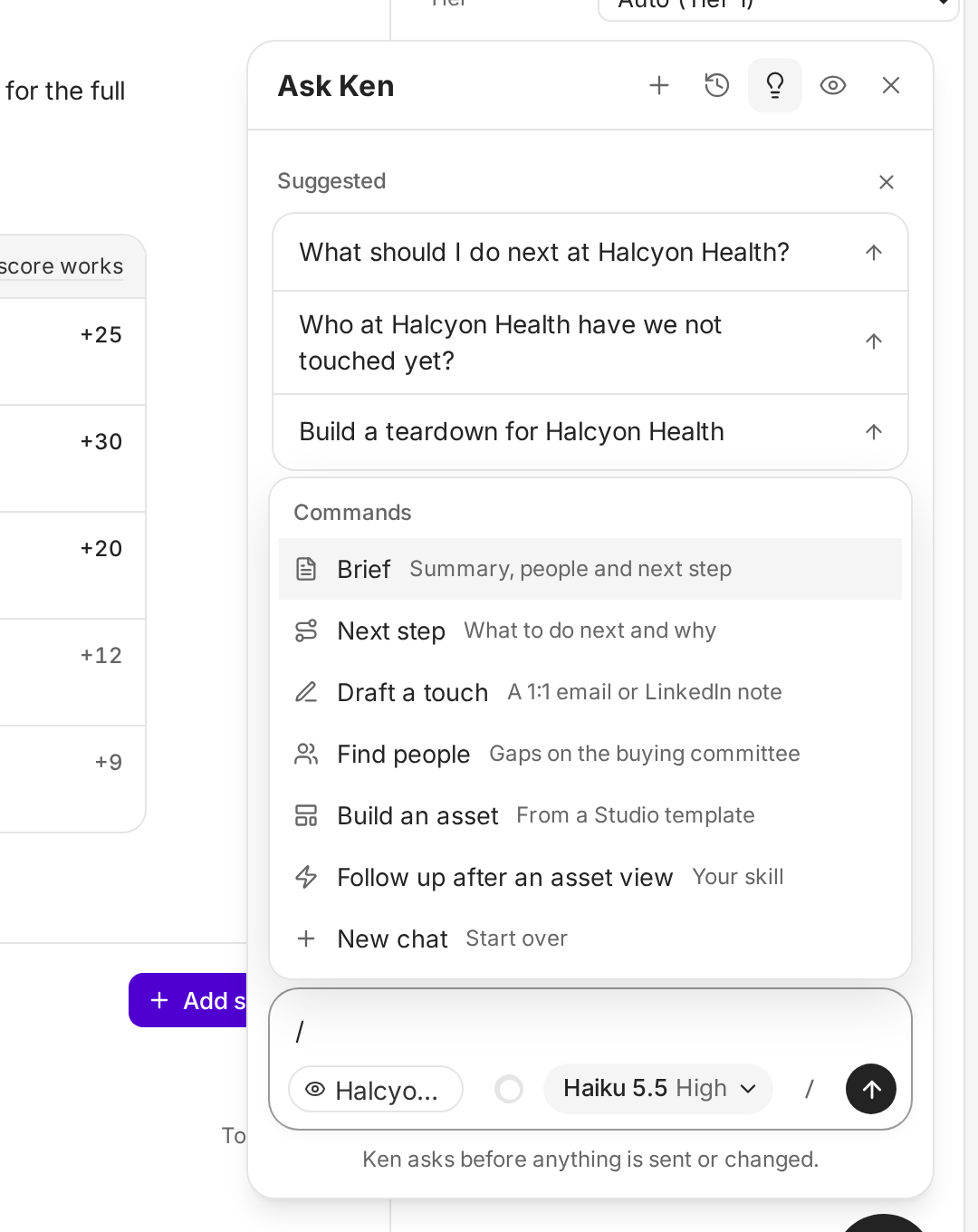 The Commands menu open in the Ken pane, listing Brief, Next step, Draft a touch, Find people and Build an asset