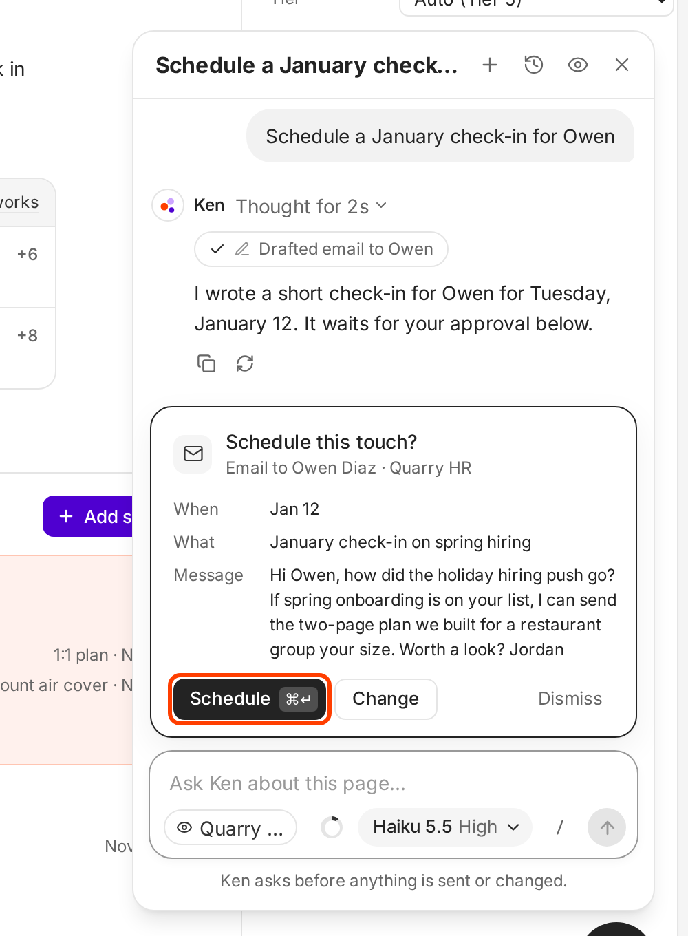 An approval card in the Ken pane titled Schedule this touch, with the Schedule button outlined