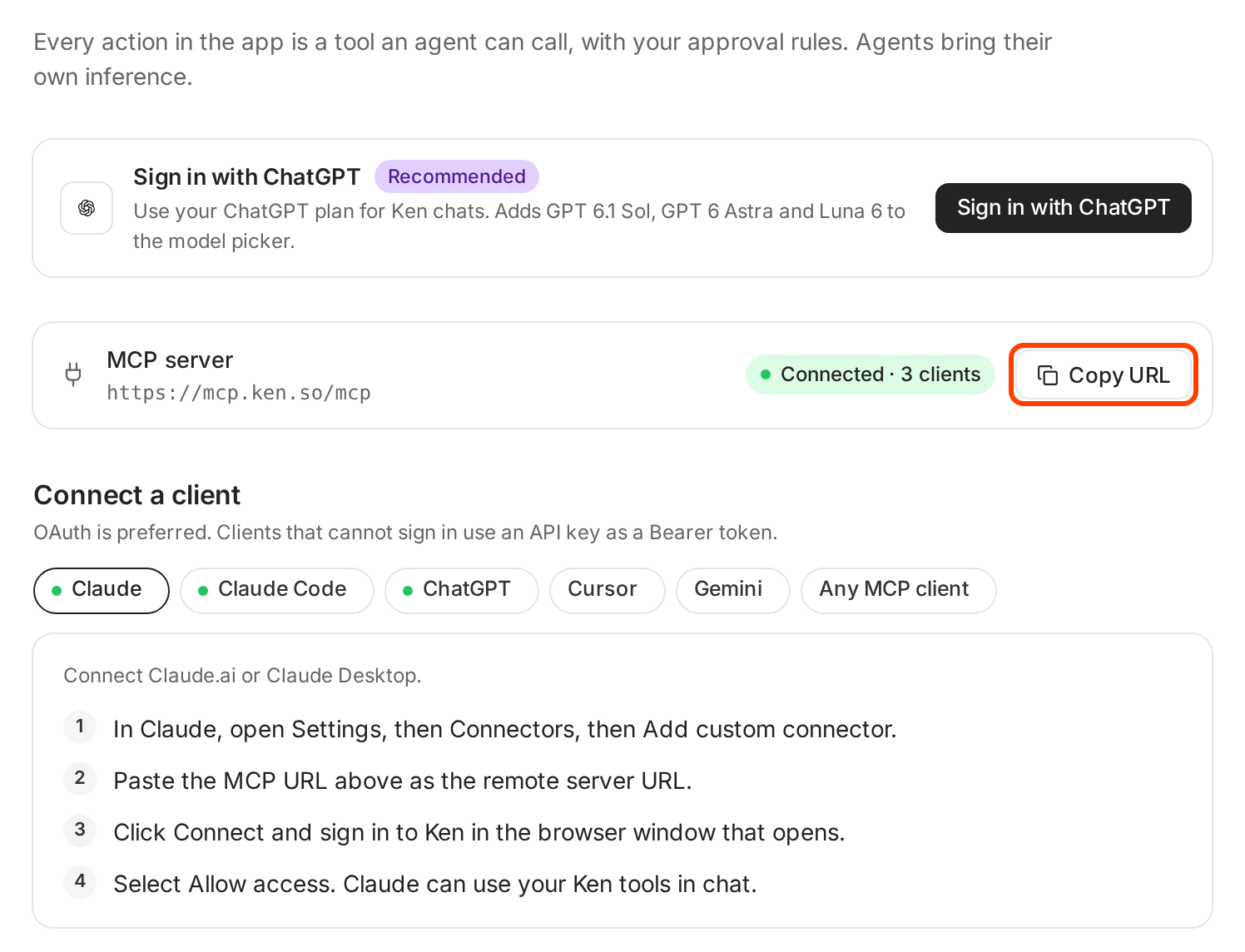The MCP and AI agents page in Settings, with the Copy URL button outlined