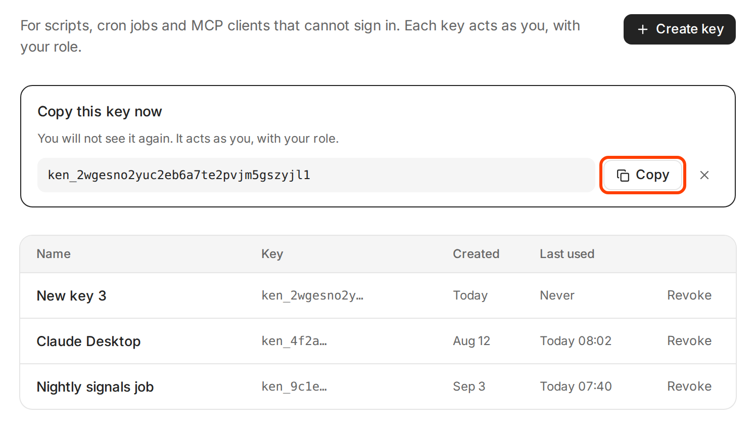A new API key on the API keys page, with the Copy button outlined under Copy this key now