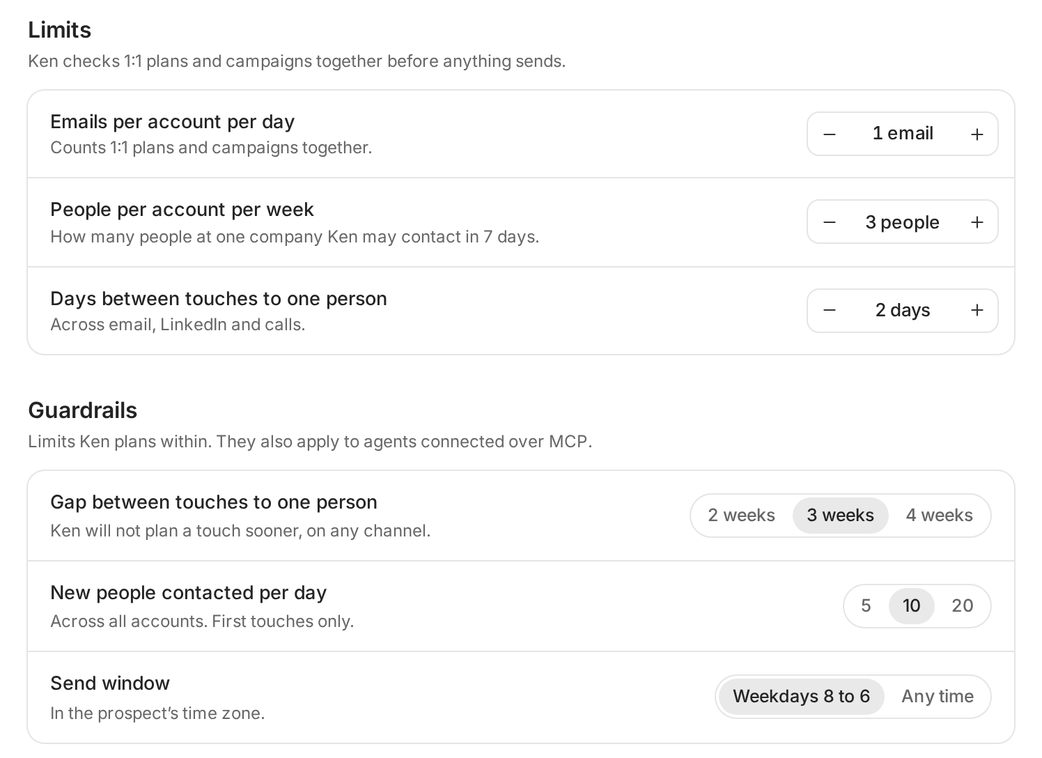 The Contact limits page with Limits and Guardrails sections