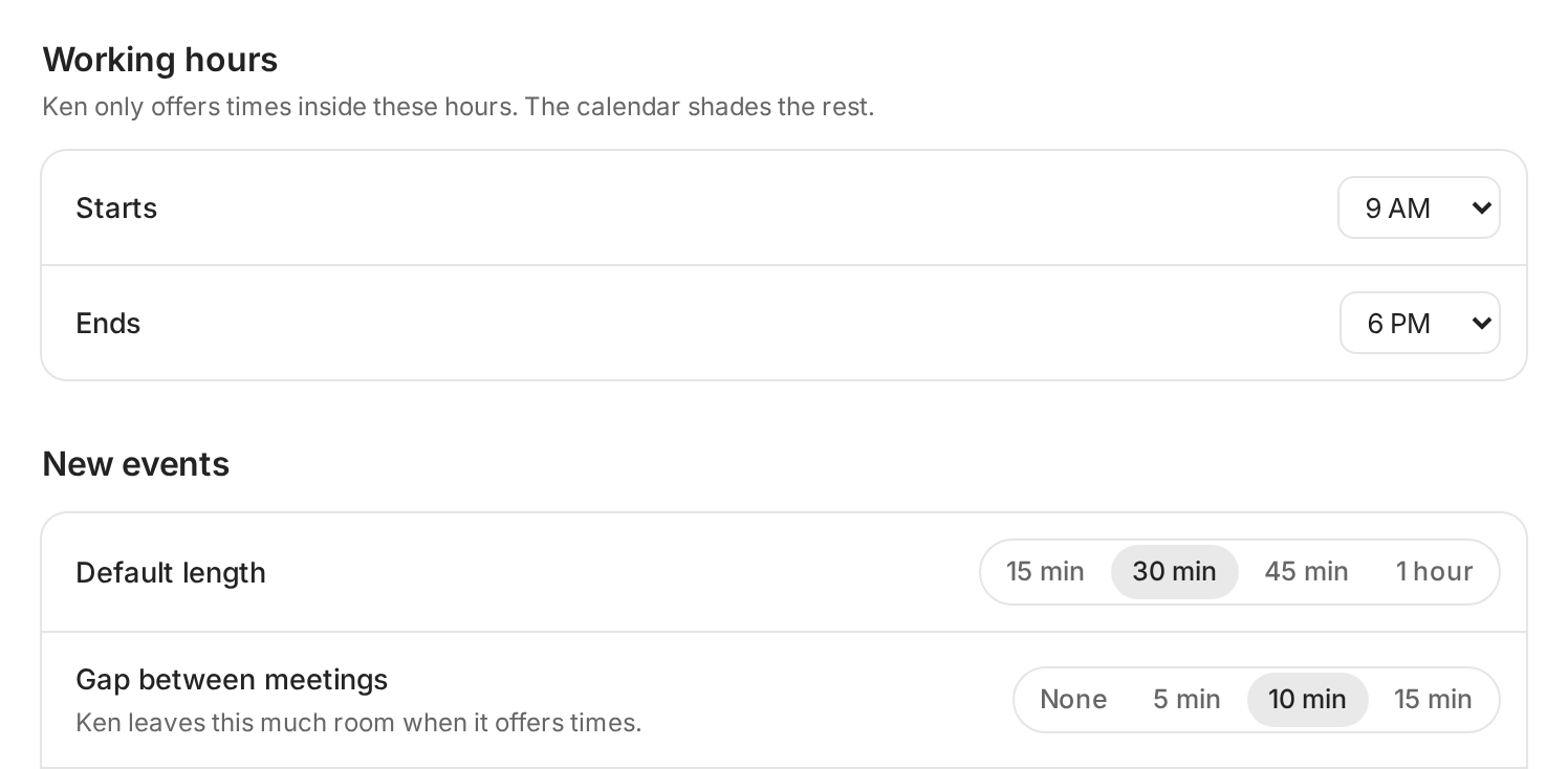 Calendar settings showing Working hours and New events with default length and gap between meetings