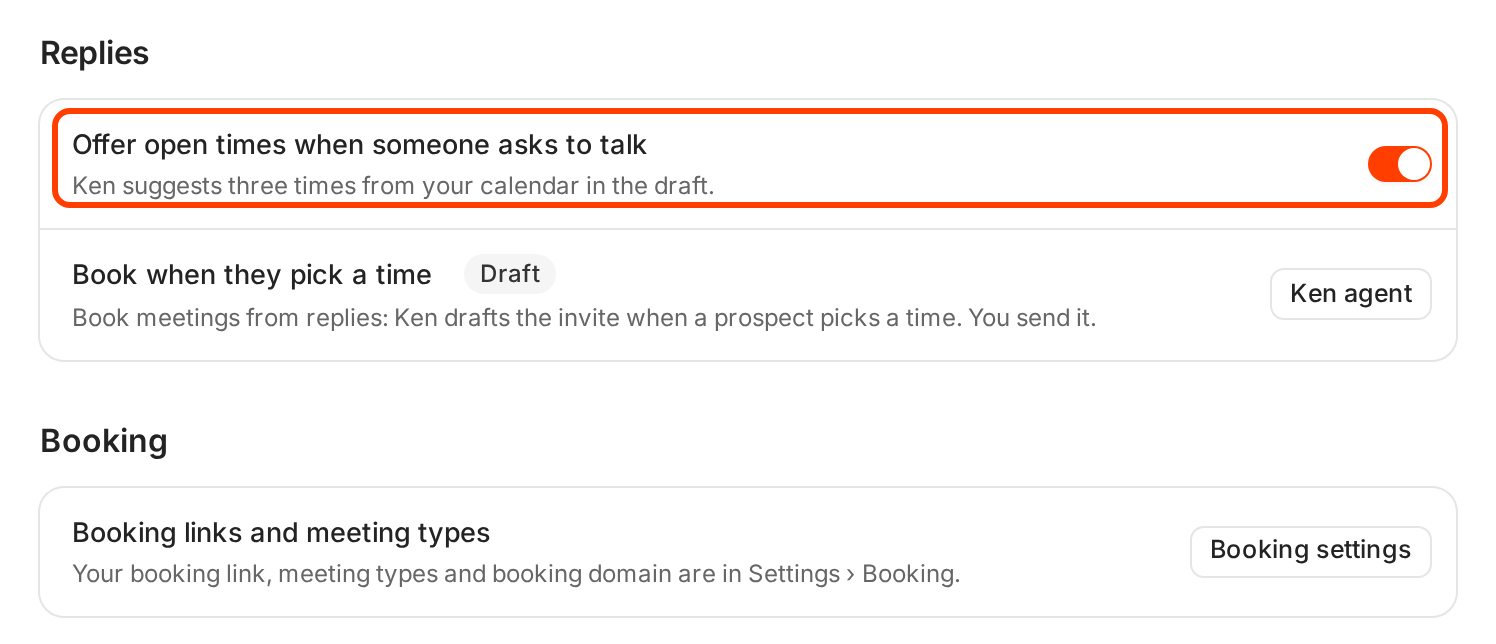 The Replies section with Offer open times when someone asks to talk outlined, and the Booking section below it