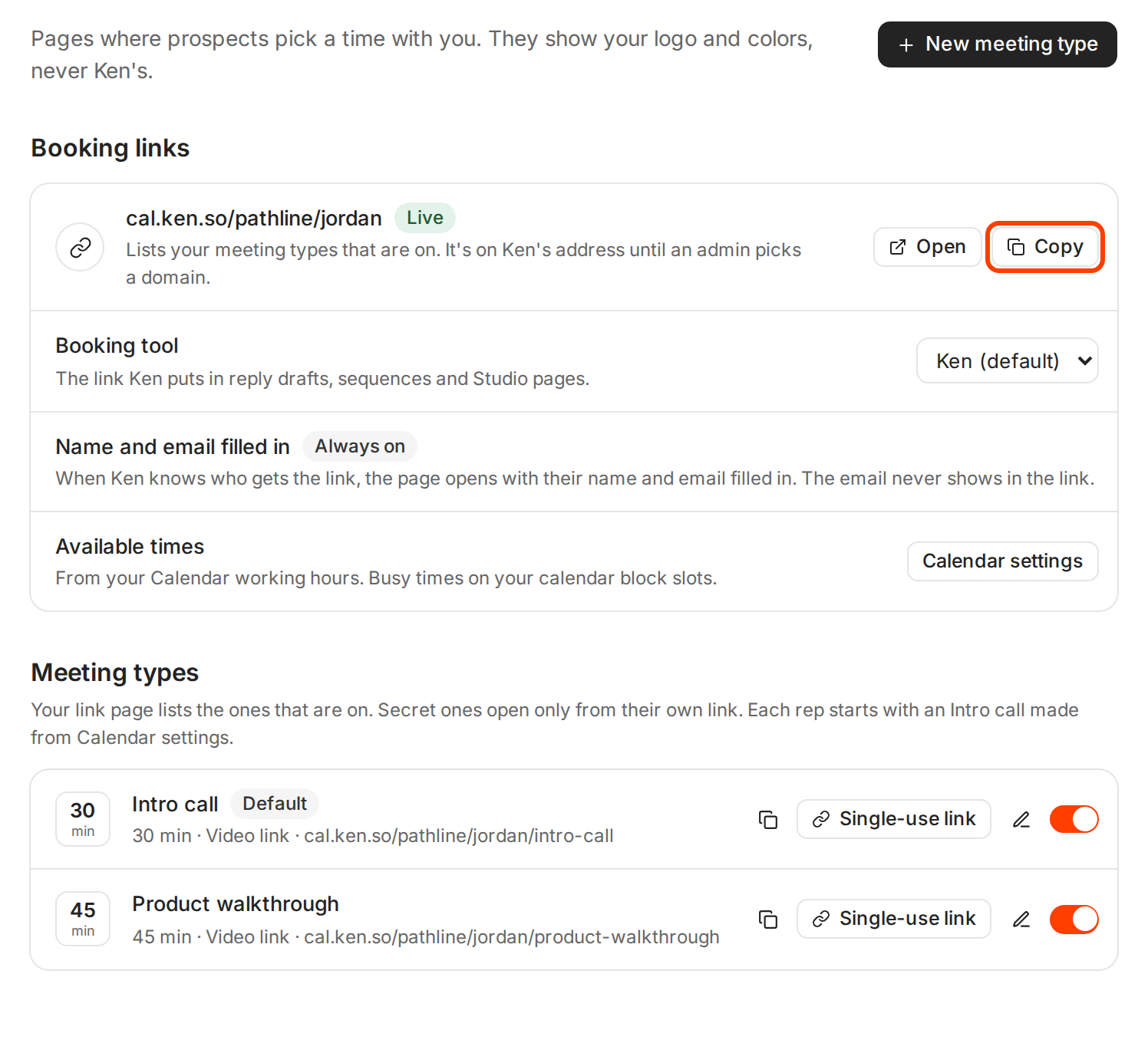 The Booking page with the booking link marked Live and the Copy button outlined, above the meeting types
