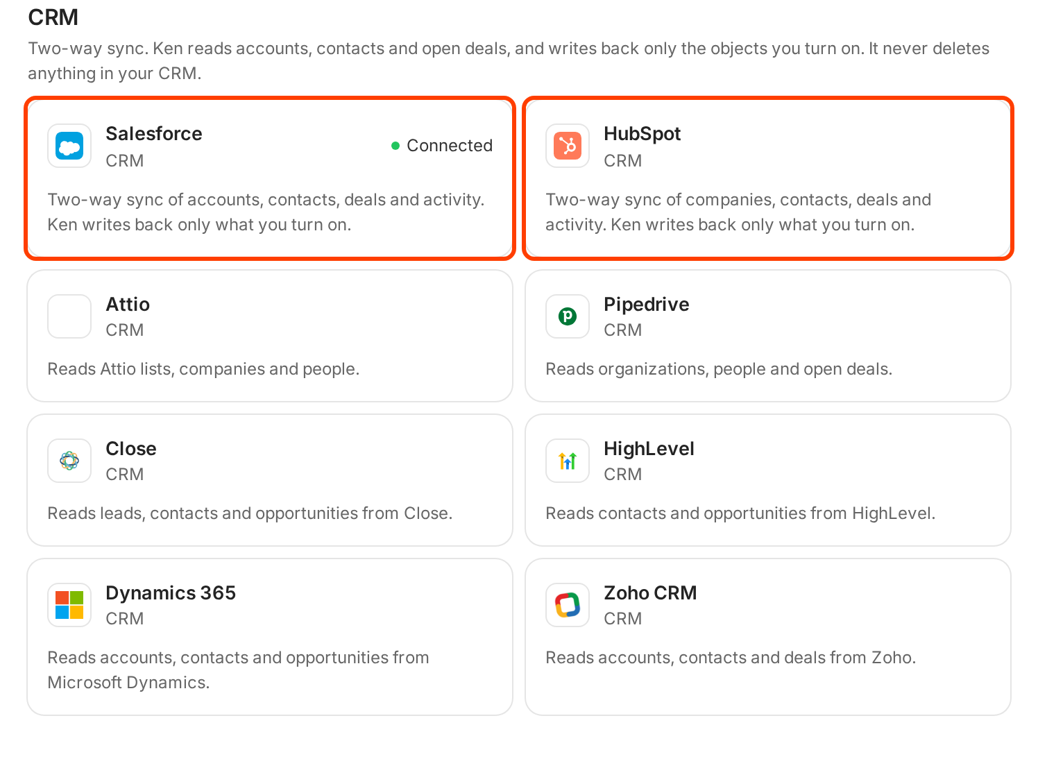 The CRM section of the integrations catalog, with the Salesforce and HubSpot cards outlined