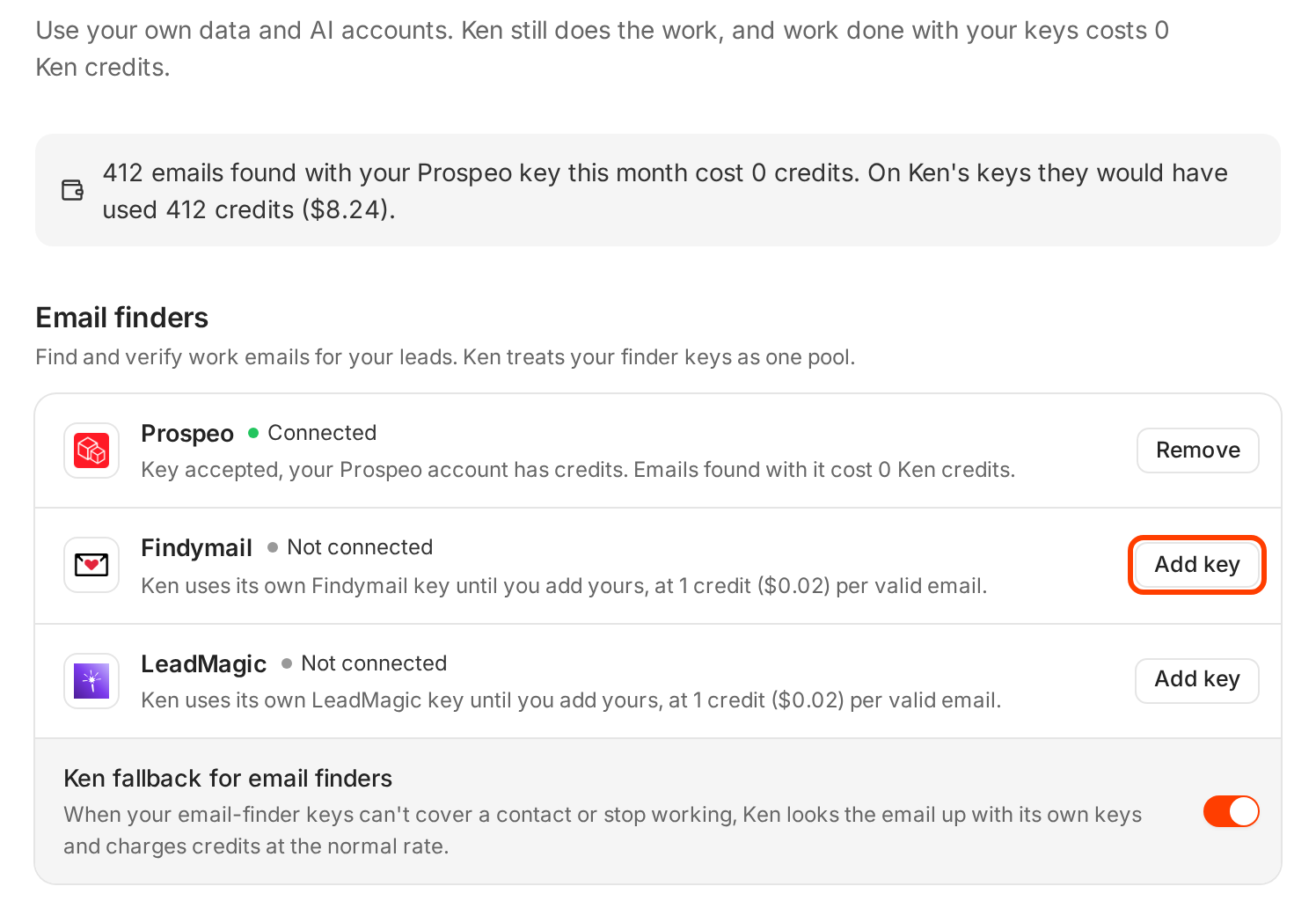 The Provider keys page with Prospeo connected, Findymail and LeadMagic not connected, and the Add key button for Findymail outlined in red