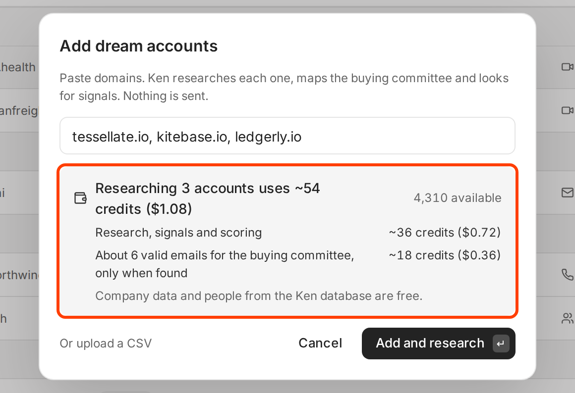 The Add dream accounts dialog with three domains and an estimate of about 54 credits, outlined in red