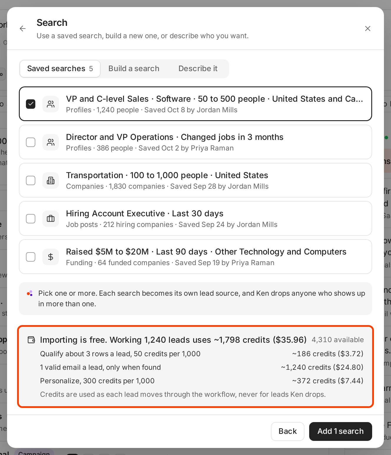 The Import leads dialog with one saved search ticked and an estimate of about 1,798 credits for 1,240 leads, outlined in red