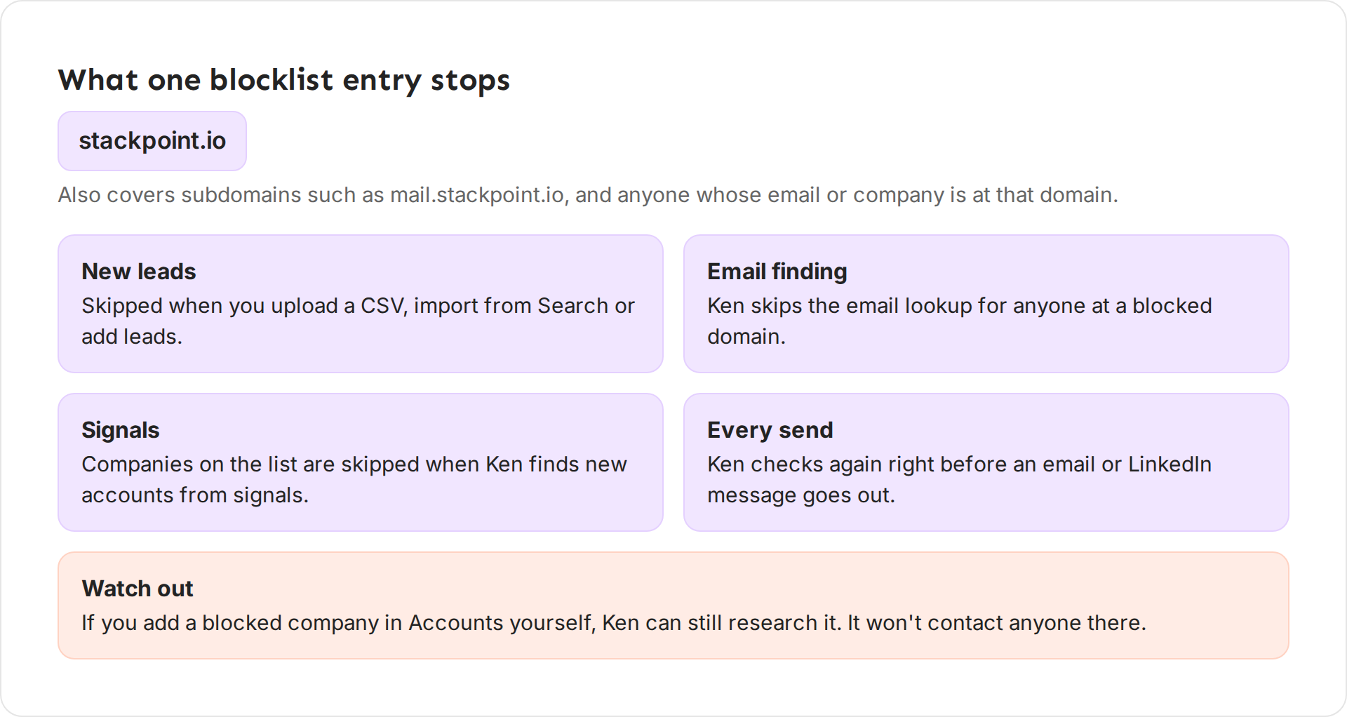 What one blocklist entry stops: new leads from uploads, Search imports and added leads, email finding, accounts found from signals, and every email or LinkedIn message right before it goes out. Watch out: an account you add yourself can still be researched