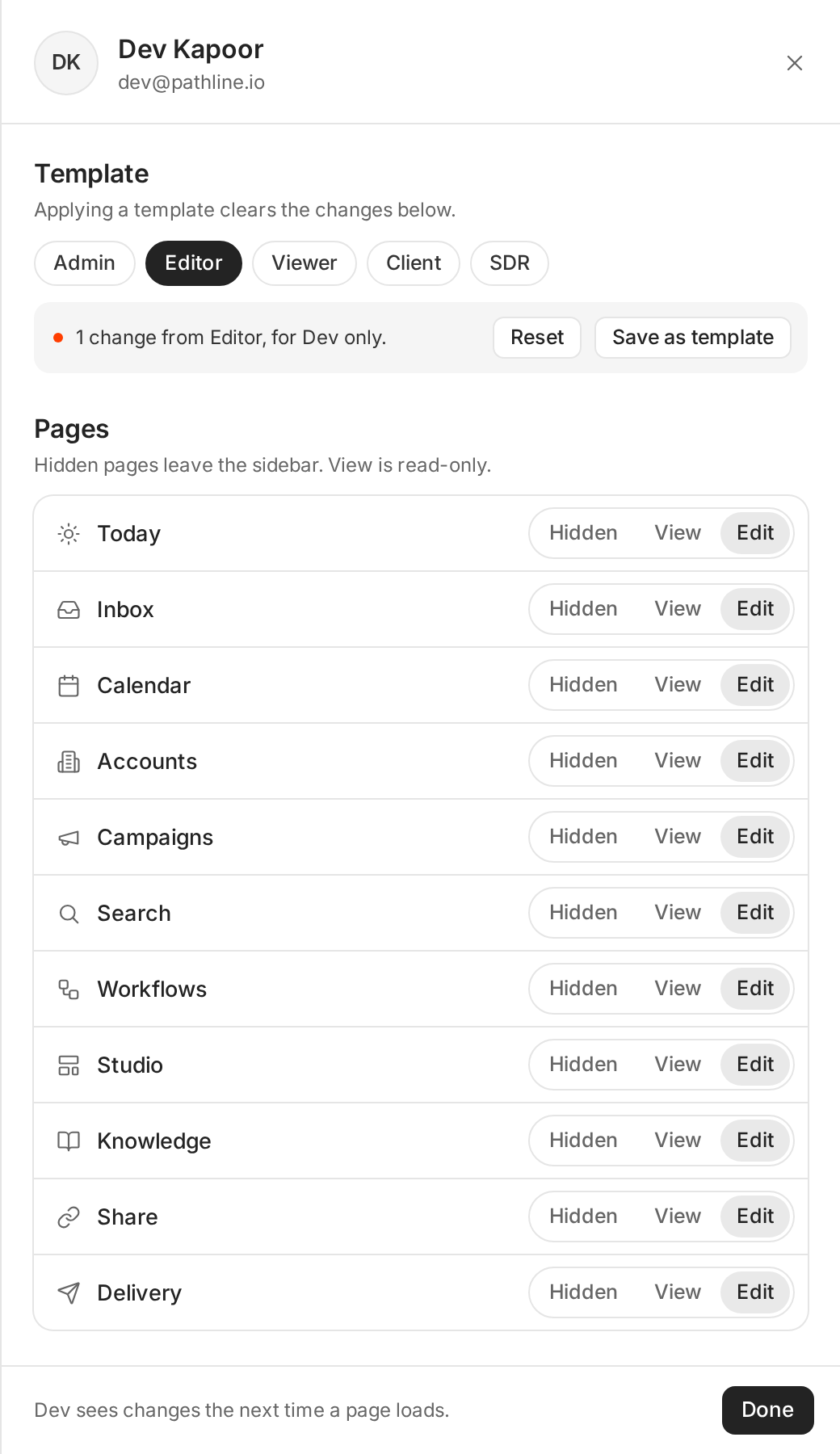 The permissions panel for Dev Kapoor with Editor applied, 1 change from Editor, and Hidden, View and Edit for each page