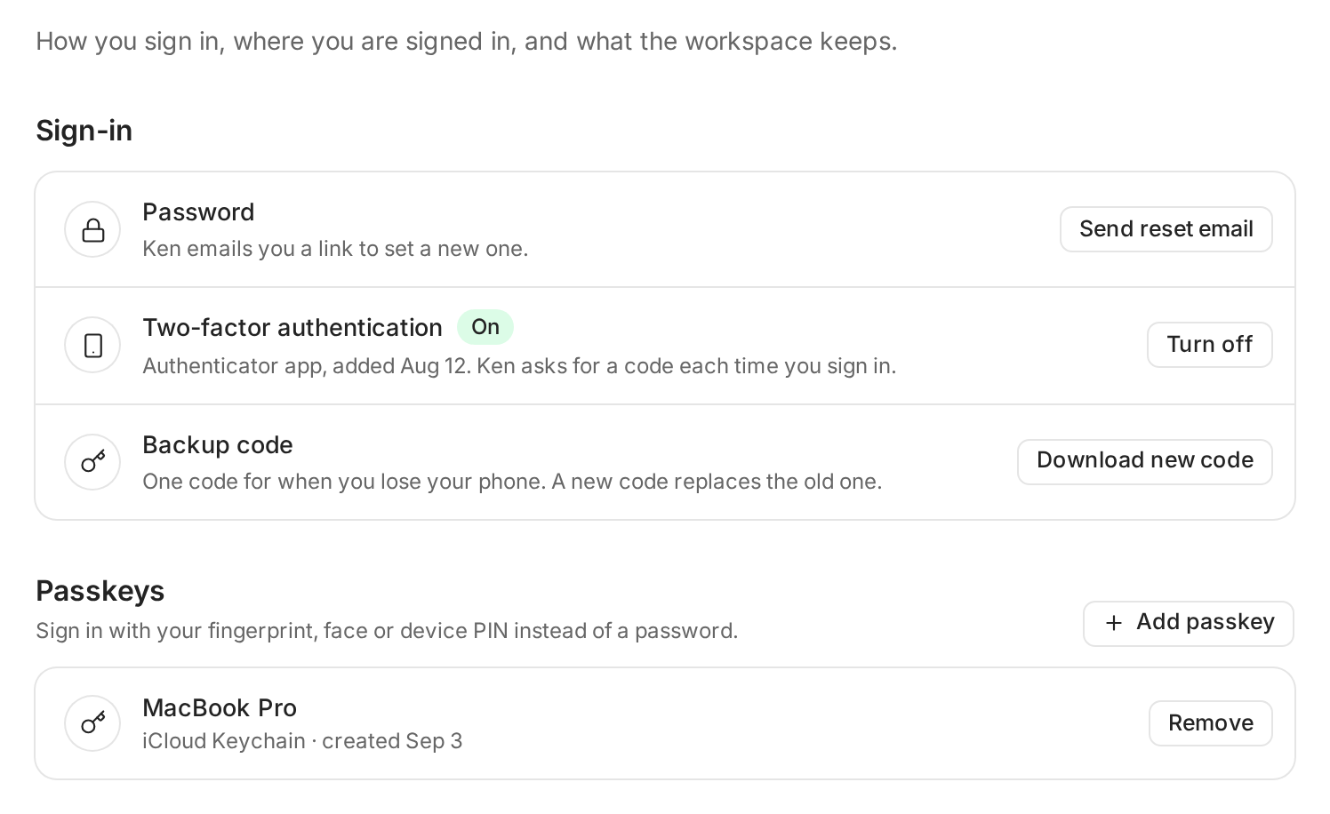 The Security page with Password, Two-factor authentication turned on, Backup code, and one passkey