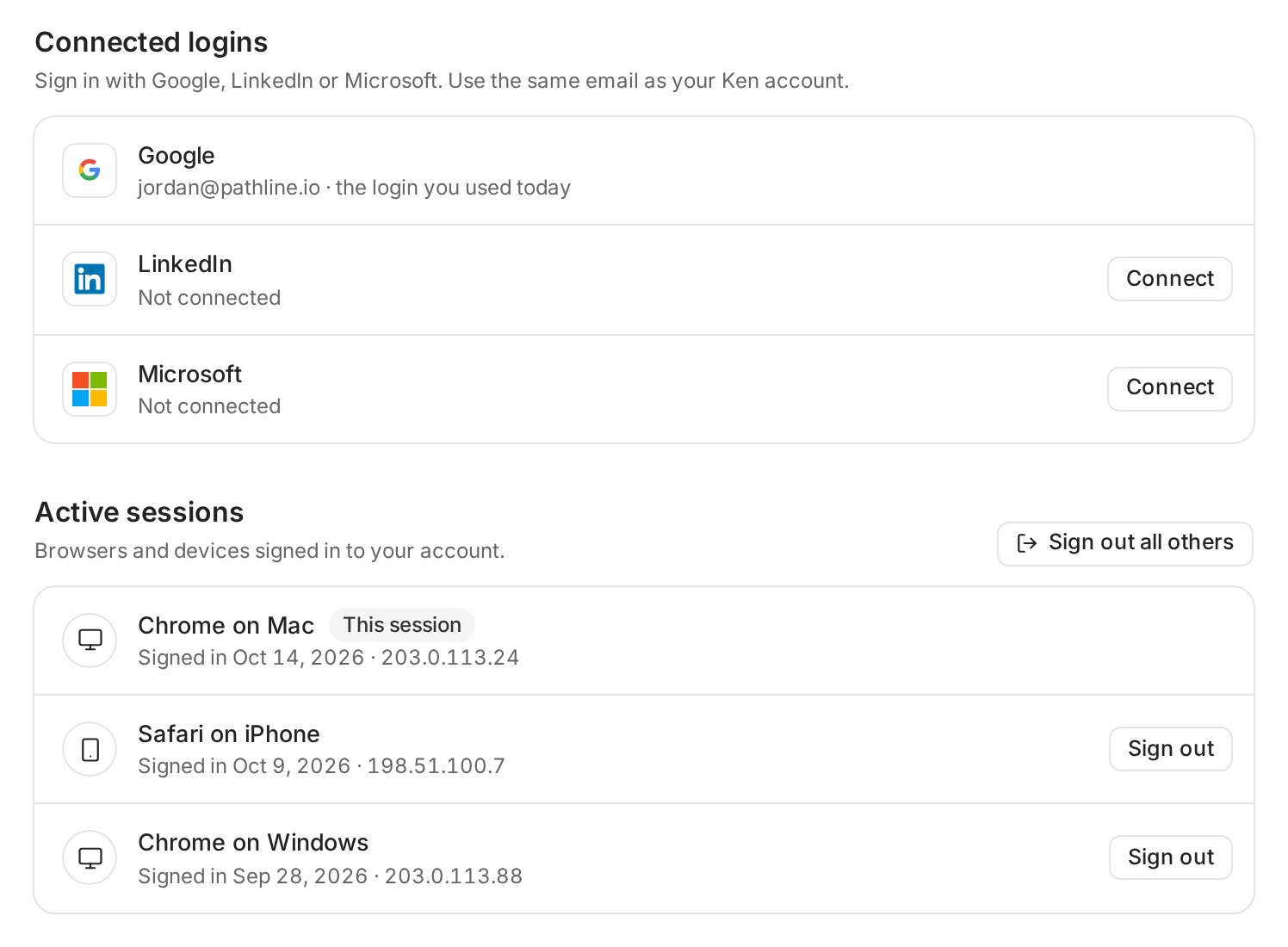 Connected logins with Google connected, and Active sessions listing three browsers with Sign out buttons and Sign out all others