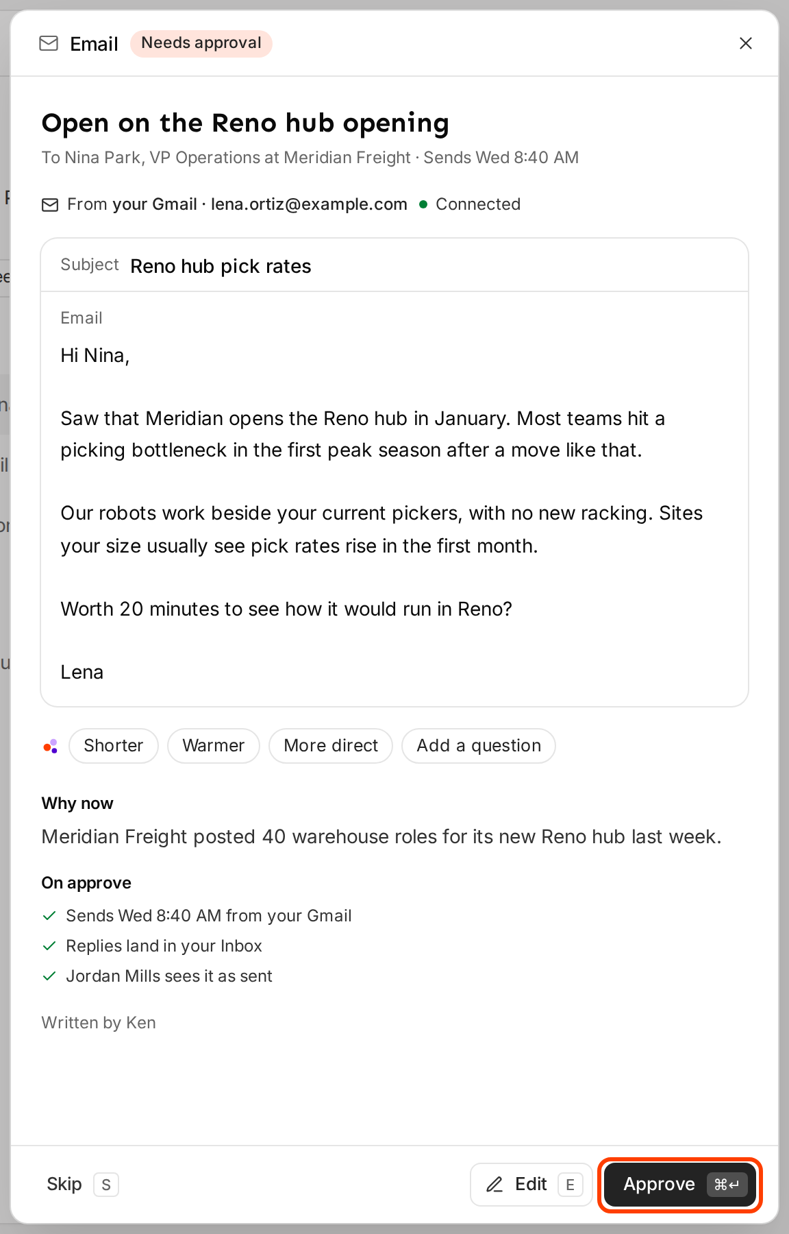 A message open on the right with the Approve button outlined