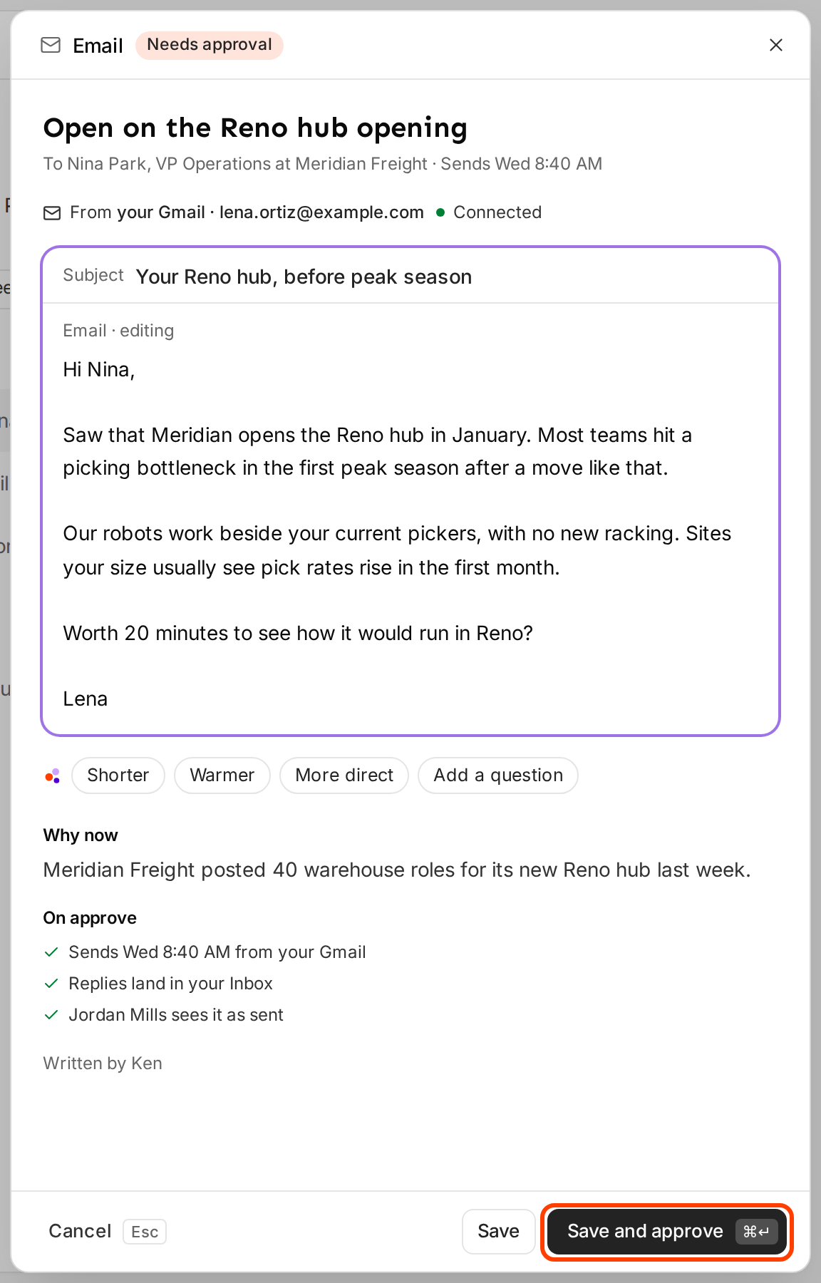 The message in edit mode with Save and approve outlined