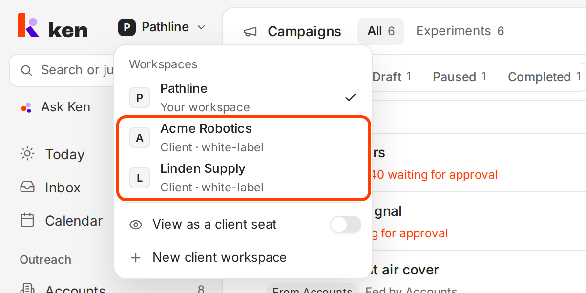 The Workspaces menu with the two client workspaces outlined