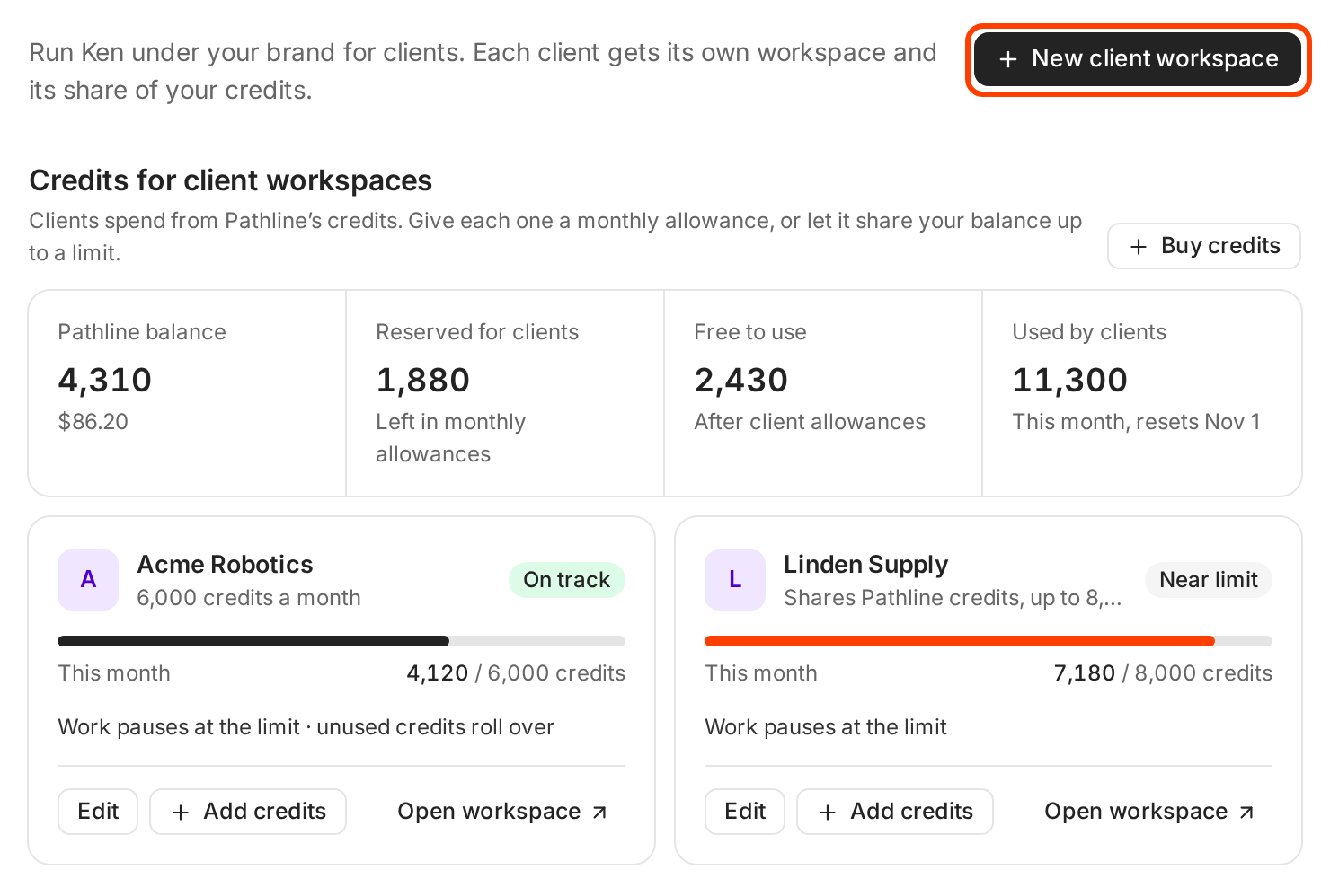 The White-label page with the New client workspace button outlined