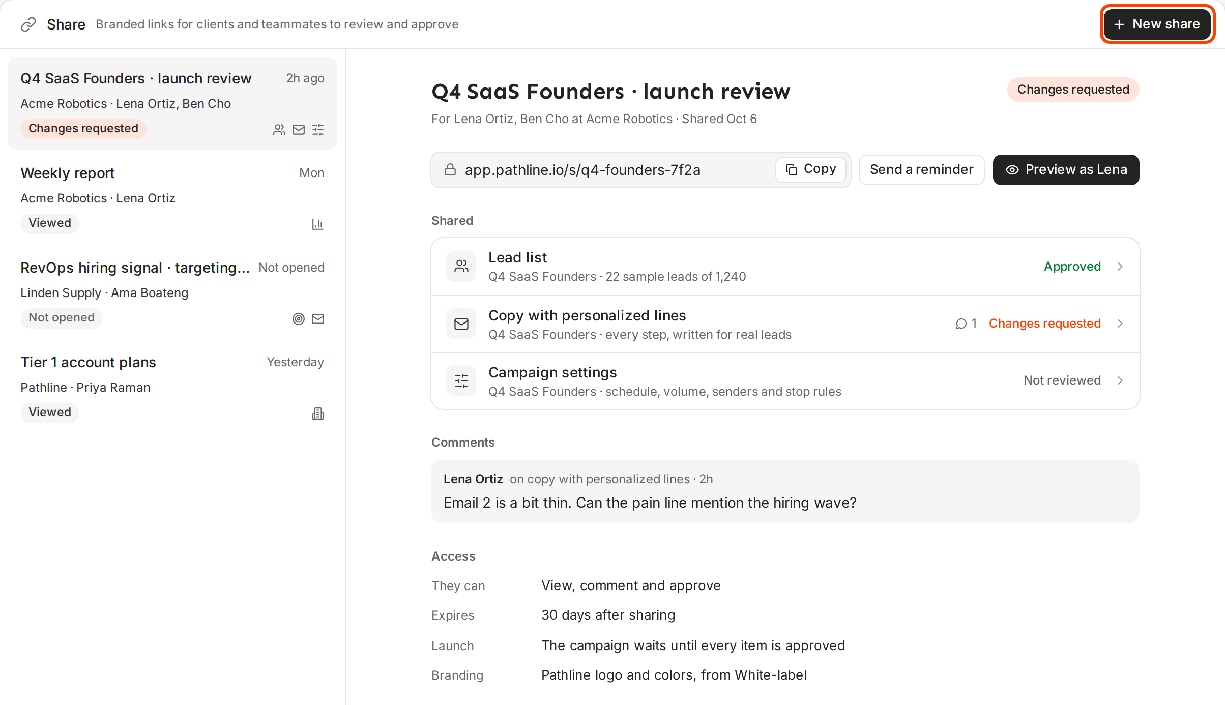 The Share page with the New share button outlined