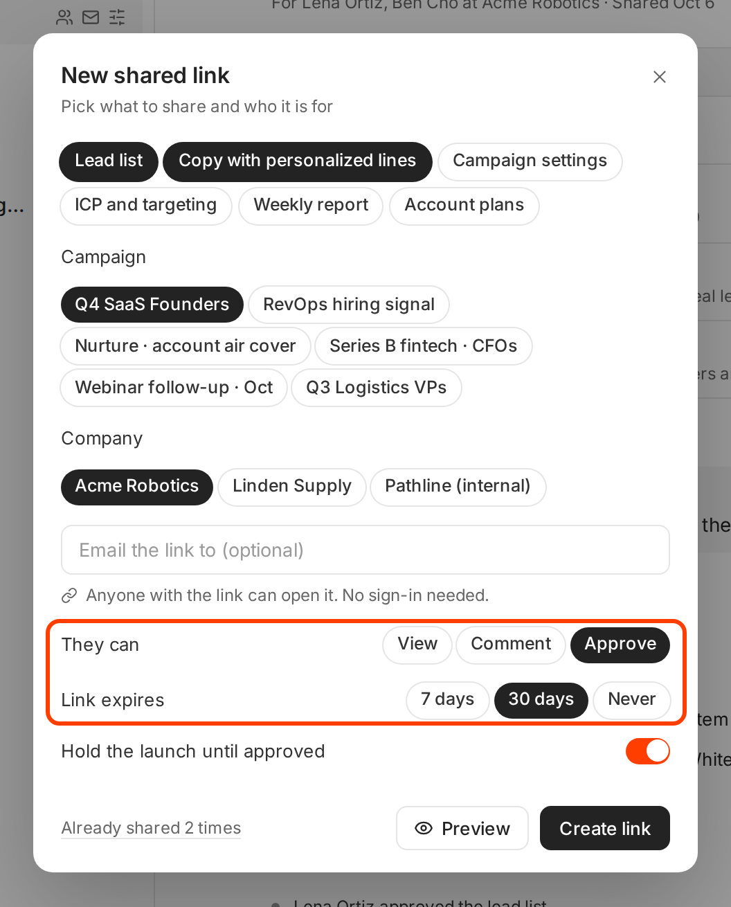 The New shared link dialog with They can and Link expires outlined