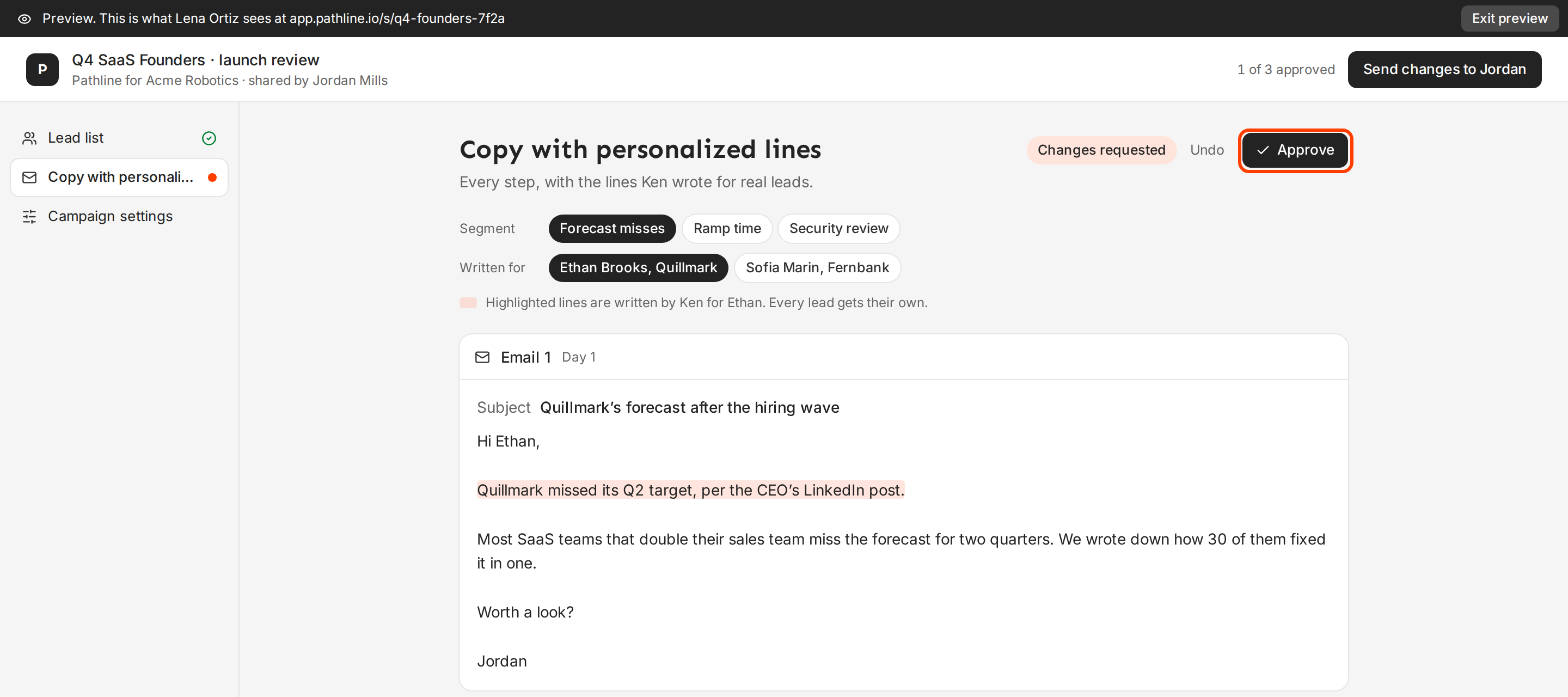 The client's view of the copy, with the Approve button outlined