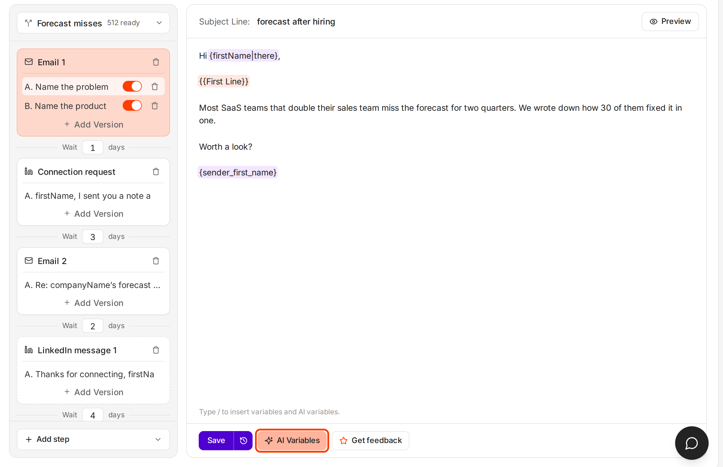 The Sequence tab of a campaign with the AI Variables button outlined below the email editor