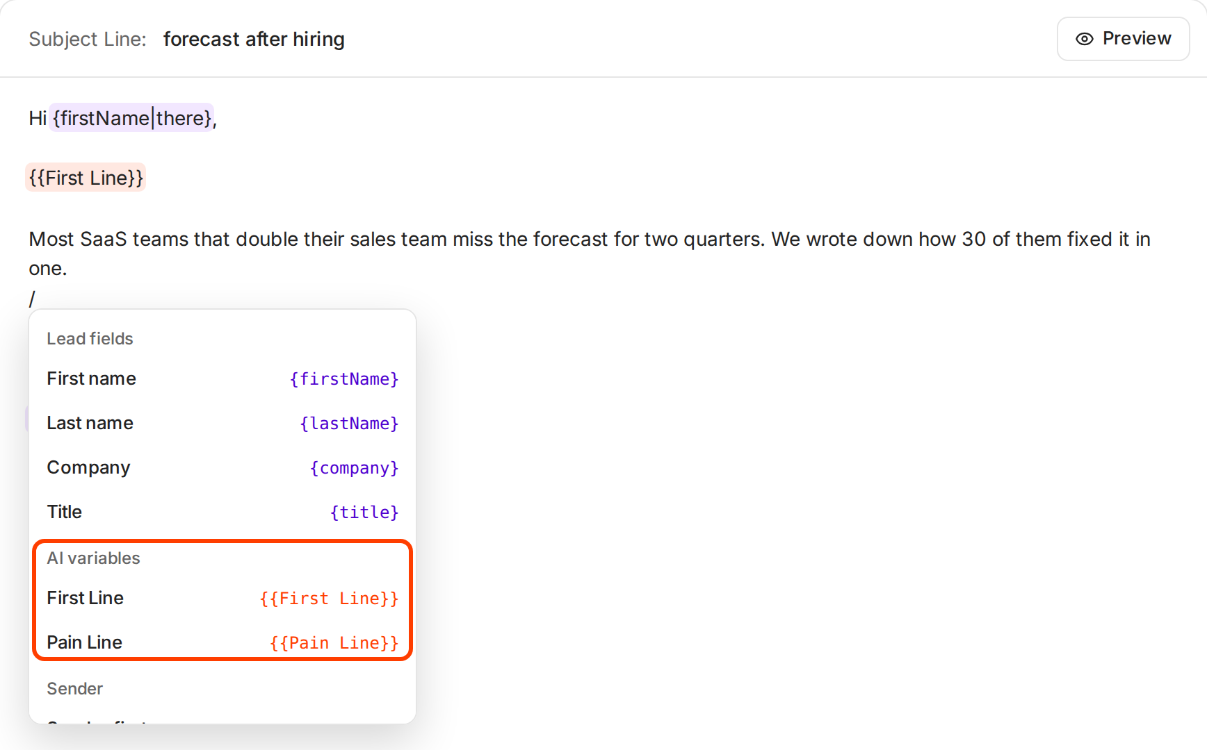 The slash menu in the email editor, with the AI variables group listing First Line and Pain Line