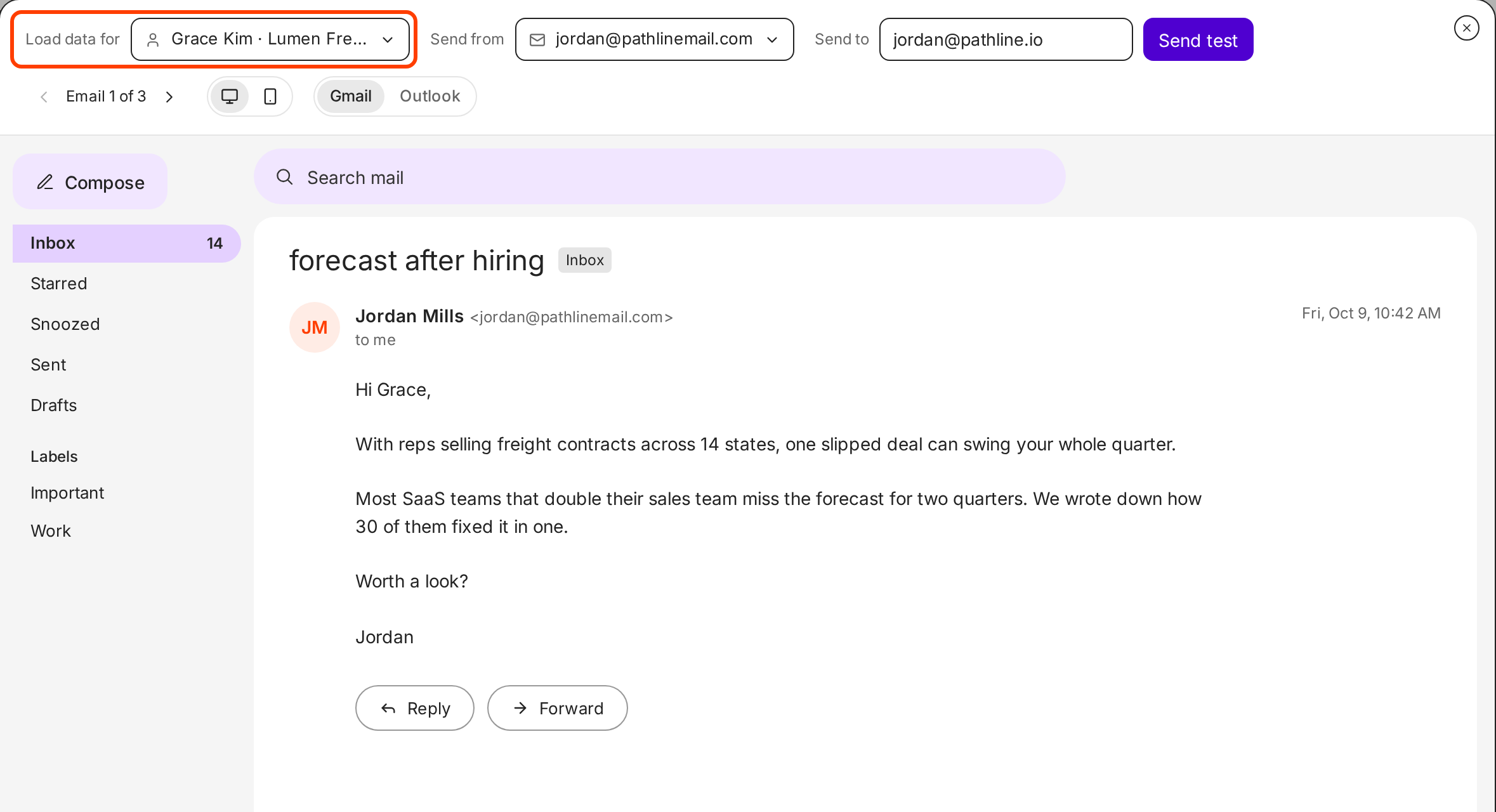 The Email preview dialog with Load data for outlined, showing an email to Grace Kim at Lumen Freight