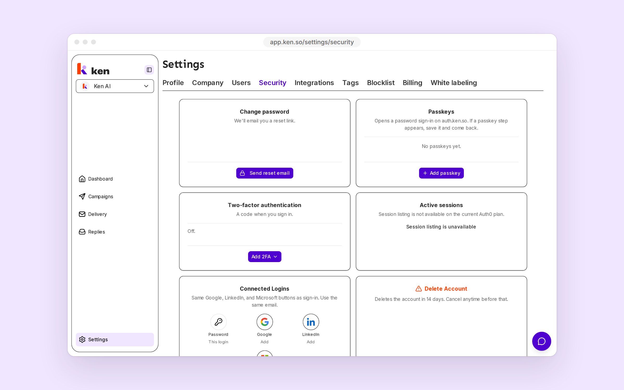 The Security tab in Ken's settings with Passkeys, Two-factor authentication and Connected Logins