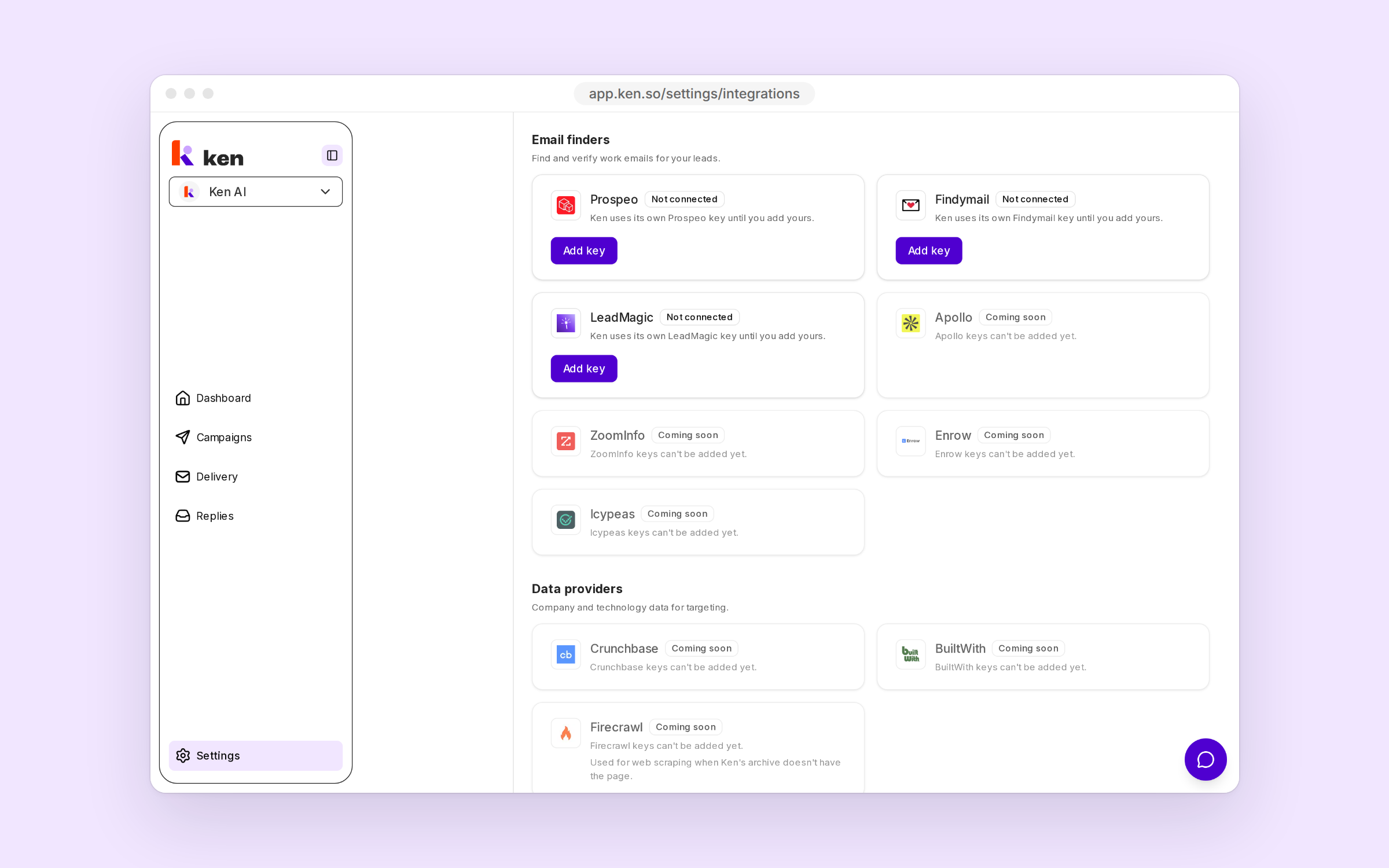 Email finder cards under Settings, Integrations, each with an Add key button