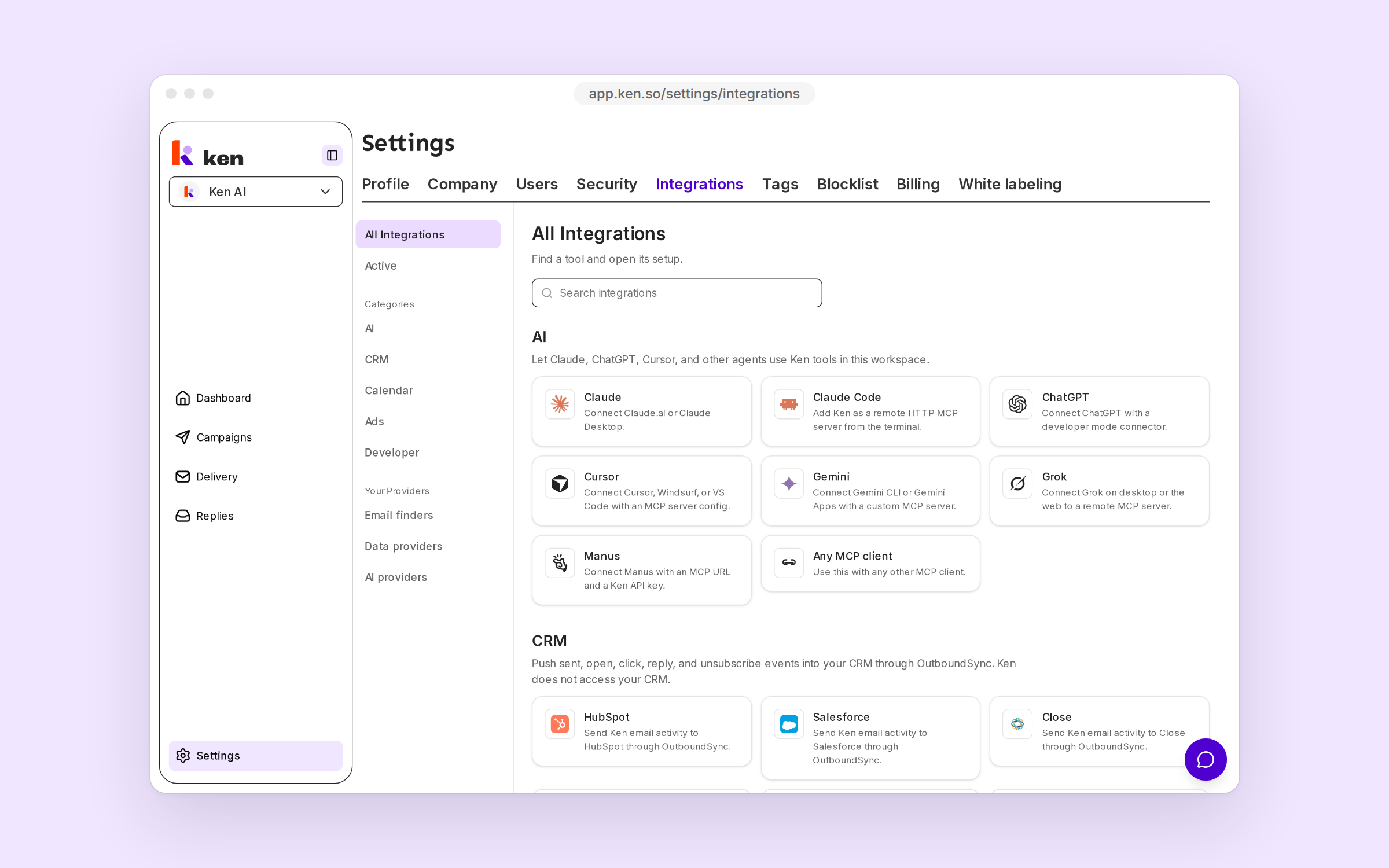 The AI section of Settings, Integrations with Claude, Claude Code, ChatGPT, Cursor and other MCP clients